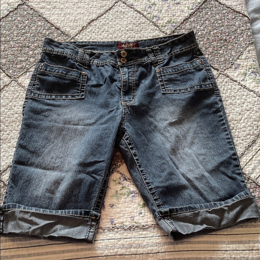 Angels Dark Blue Denim Shorts with Contrast stitching and fold-over hem, size 12